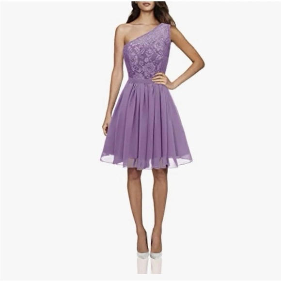 NWOT One Shoulder Short A-line Chiffon Dress Size 12  Lavender Mauve Purple Lace - Picture 2 of 6